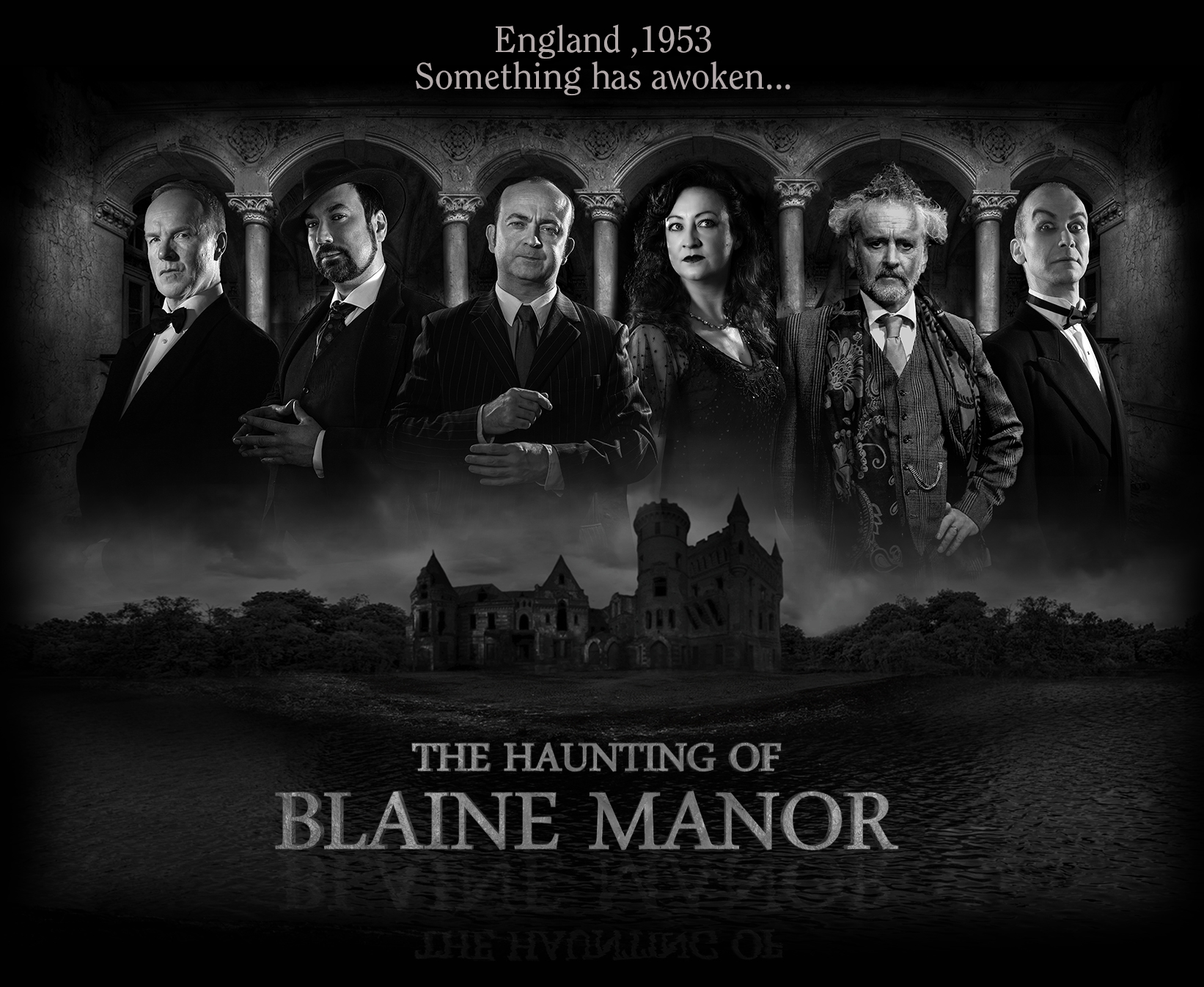The Haunting of Blaine Manor black and white promotional image featuring a manor house and 6 actors 