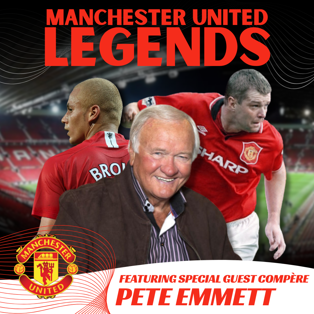 A promotion banner for an event at the Victoria Theatre Halifax featuring an evening with 3 Manchester United Football Club legends. These include Ron Atkinson, Gary Pallister & Wes Brown 