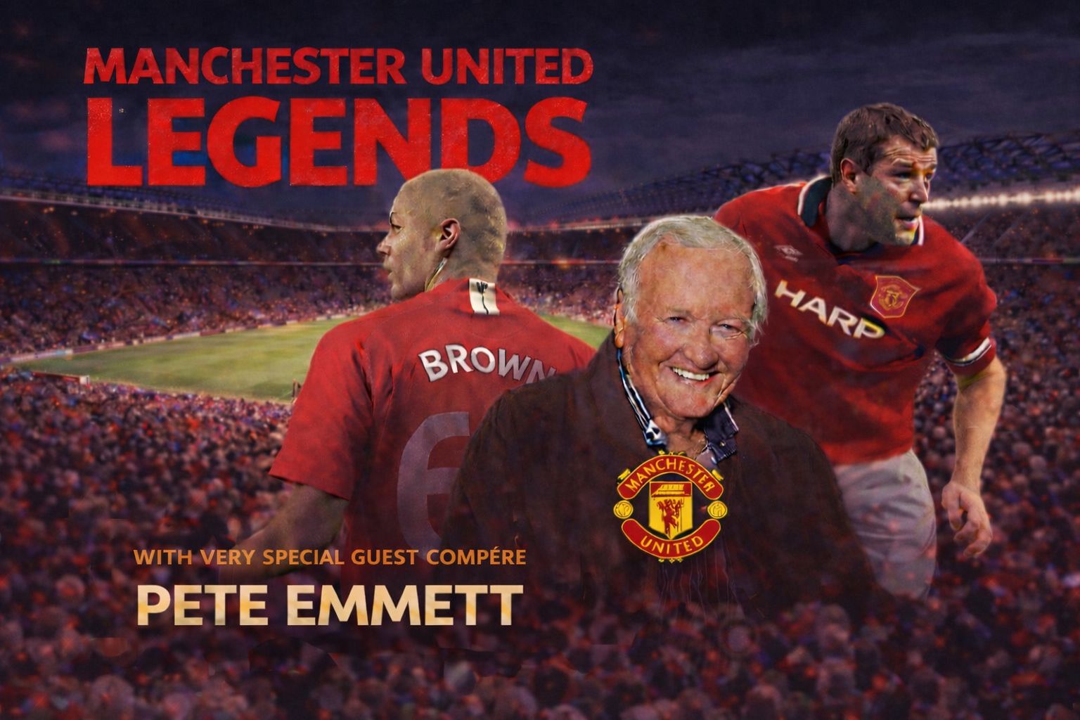 A promotion banner for an event at the Victoria Theatre Halifax featuring an evening with 3 Manchester United Football Club legends. These include Ron Atkinson, Gary Pallister & Wes Brown 
