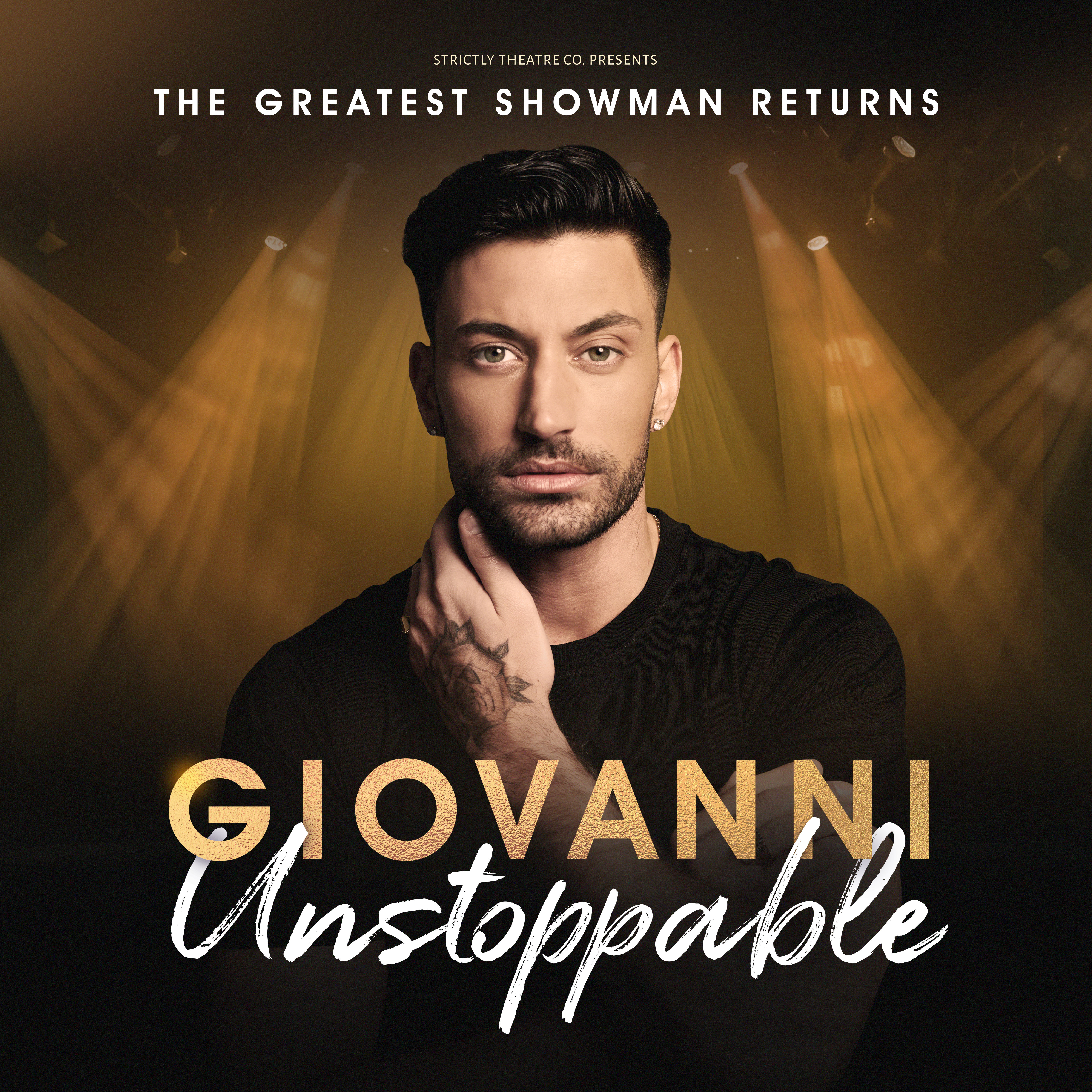 Promotional banner for Giovanni Pernice show Unstoppable which will be on stage at The Victoria Theatre Halifax. The image features Giovanni Pernice being lit by theatre spotlights for his theatre show