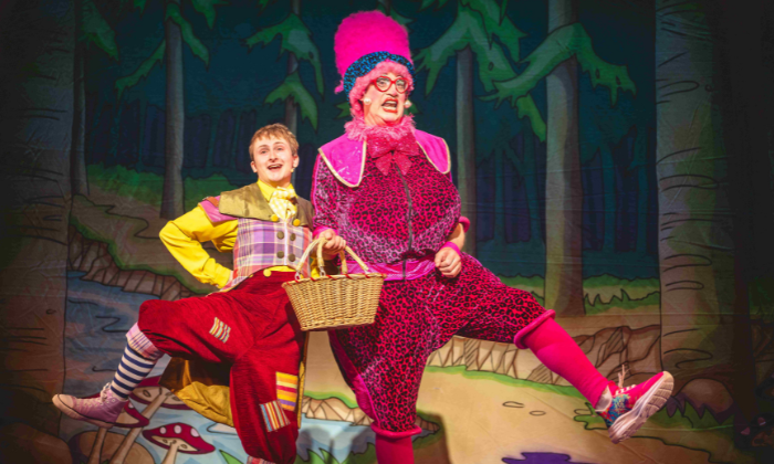 Two colourful characters from the Victoria Theatre Halifax Pantomime Aladdin. Featuring a Comic and a Dame dancing