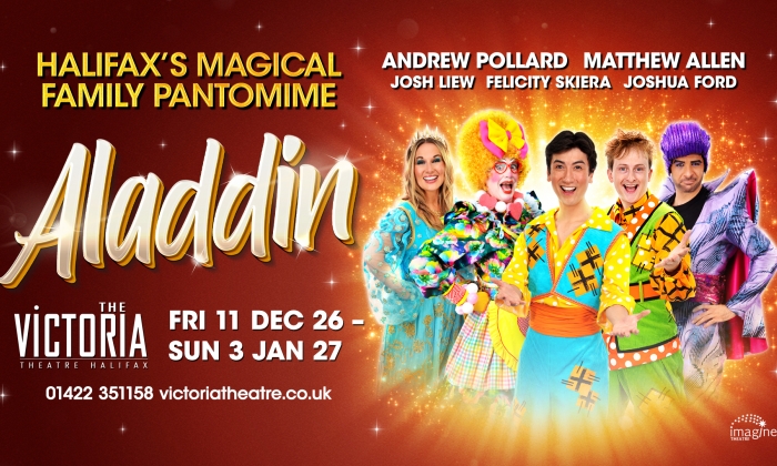 Official banner for the Aladdin pantomime at Victoria Theatre, Halifax, running from 14th December 2024 to 5th January 2025. The image features Aladdin holding a magic lamp against a vibrant Arabian-themed background