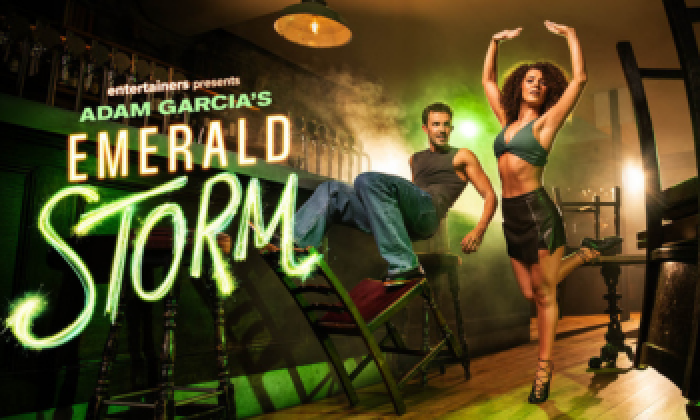 A promotion banner for an event at the Victoria Theatre Halifax Adam Garcia's Emerald Storm featuring a male and female dancer dancing in a bar with chairs and tables