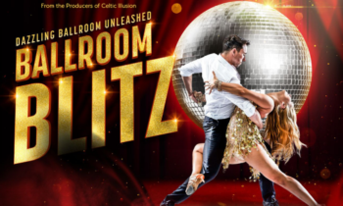 A promotional banner for the theatre show Ballroom Blitz which will be at The Victoria Theatre Halifax on Sunday 14 March 2027. Two dancers are dancing in front of a giant glitterball