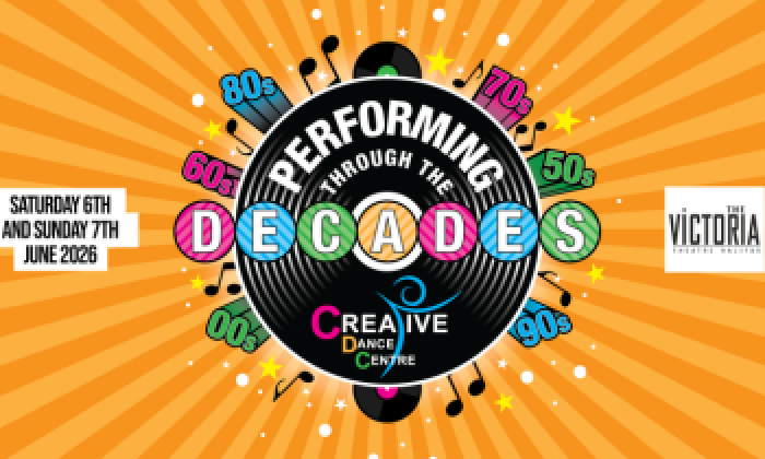 A multicoloured promotional banner from Creative Dance Centre promoting their forthcoming event at the Victoria Theatre Halifax in June 26