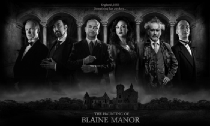 Promotional banner for the theatre play The Haunting of Blaine Manor appearing at the Victoria Theatre Halifax in October 2026. This black and white image features six actors positioned under historic stone arches