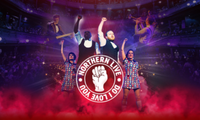 Promotional banner for the theatre show Northern Live Do I Love You appearing at the Victoria Theatre Halifax in January 27 featuring a group of singers with their hands in the air.