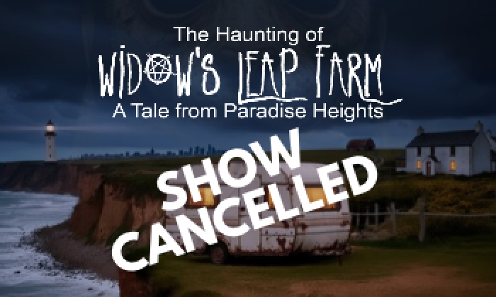 A promotional banner for for a play at the Victoria Theatre Halifax in November 2026 The Haunting of Widow's Leap Farm featuring the silhouette of a man sat in a tent at dusk