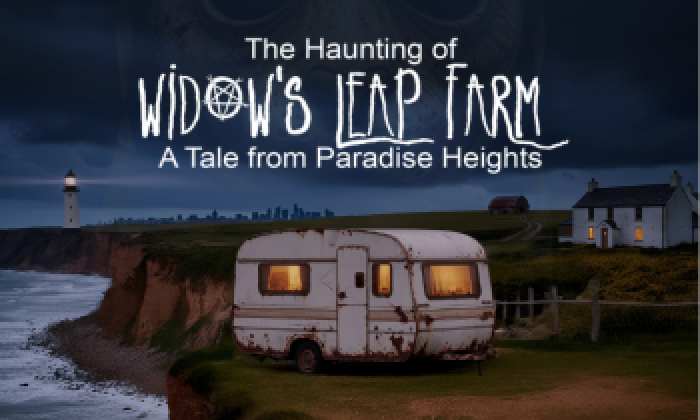 A promotional banner for for a play at the Victoria Theatre Halifax in November 2026 The Haunting of Widow's Leap Farm featuring a dirty caravan with lights on at dusk