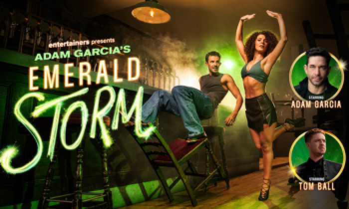 A promotion banner for an event at the Victoria Theatre Halifax Adam Garcia's Emerald Storm featuring a male and female dancer dancing in a bar with chairs and tables